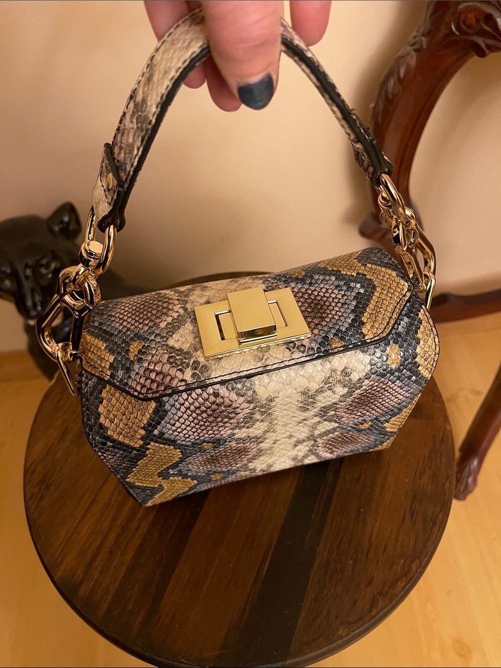 Steve Madden Snake-Print Mini Top Handle Bag in Beige, Black & Gold
